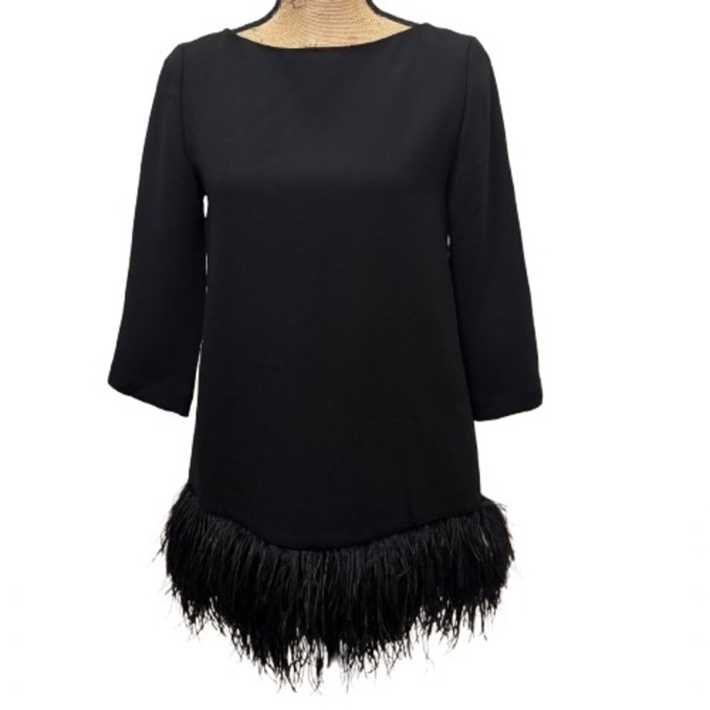 NWT Kate Spade Do Wonders‎ Black Feather Hem Crepe Tunic Top Cocktail Size 0
